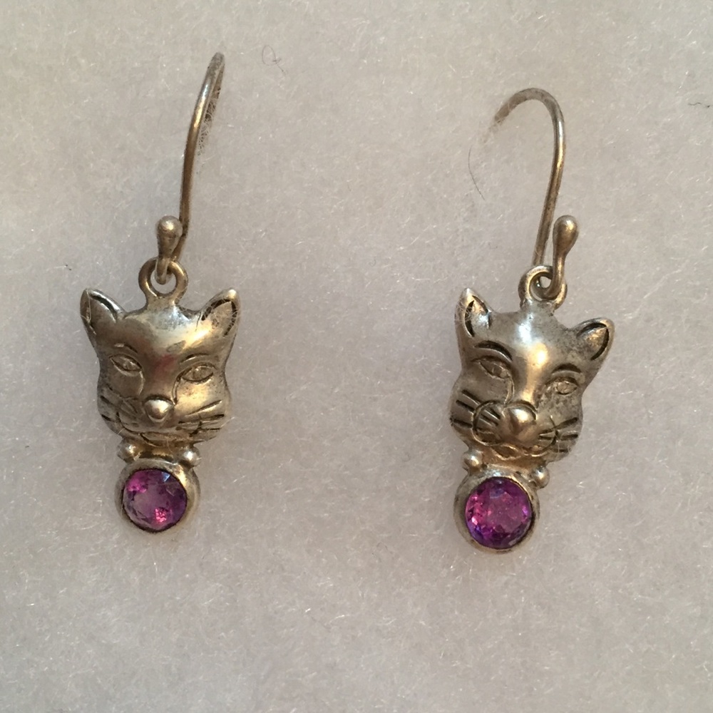 SUE B EARRINGS STERLING SILVER CAT FACE FELINE 925 AMETHYST WIRES DROP